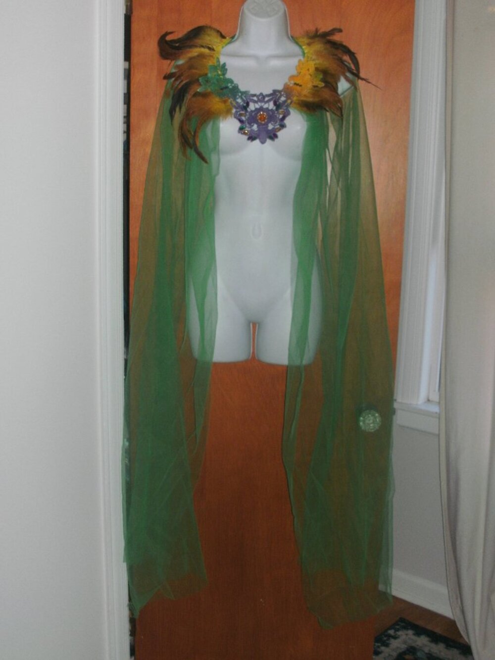 NEW Long Sheer Green Cape with Feathers Cosplay Costume Fairy Goddess Mardi Gras